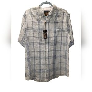 Men's Short-Sleeve Button-Up Shirt - White with Blue Windowpane